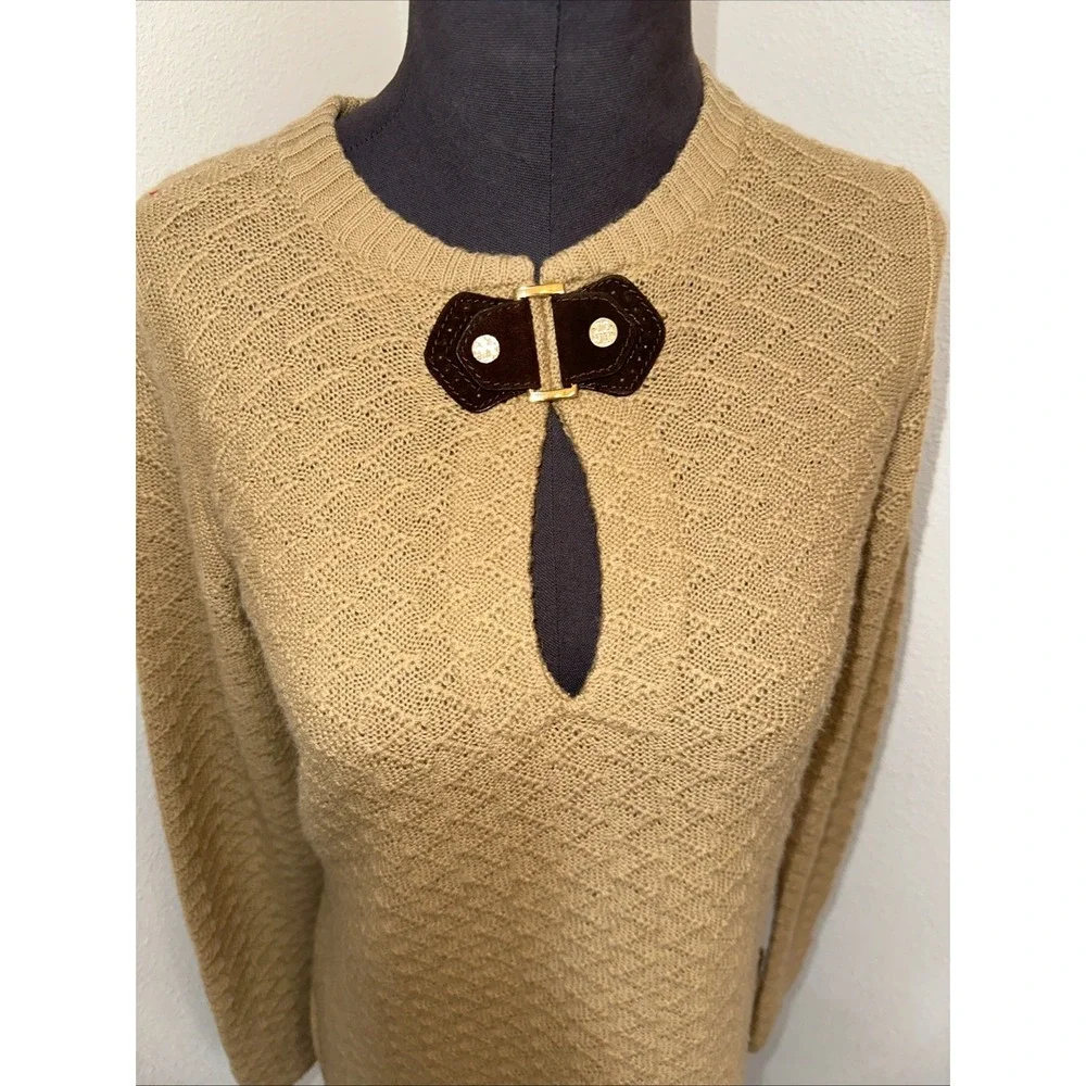 Tory Burch Knit Tunic Sweater Wmns S Tan Wool Alpaca Leather Keyhole Equestrian